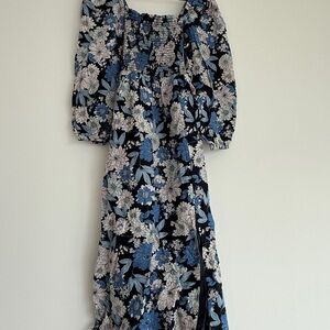 J. Crew Long Sleeve Floral Dress in Blue and Black